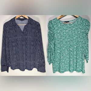 Adriana Papell Navy Stripe Blouse Green Floral Top Lot Bundle Work Office Set L